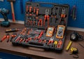 A well-organized toolkit is displayed on a workbench against a blue pegboard. The black case Royalty Free Stock Photo