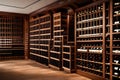 A well-organized wine cellar with rows of wooden wine racks showcasing a wide selection of fine wines