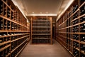 A well-organized wine cellar with rows of wooden wine racks