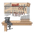 Well-organized workshop bench with tools and equipment neatly arranged Royalty Free Stock Photo