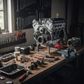 Workshop displays a disassembled V8 engine on a sturdy wooden Royalty Free Stock Photo