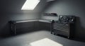 Organized Workshop Space with Workbench, Tool Cabinet, and Natural Skylight