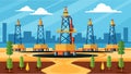 A well pad equipped with multiple drilling rigs indicating a largescale fracking operation in progress.. Vector Royalty Free Stock Photo