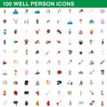 100 well person icons set, cartoon style