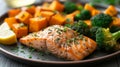 A well-plated dish featuring succulent grilled salmon accompanied by roasted sweet potatoes and steamed broccoli
