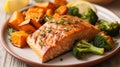 A well-plated dish featuring succulent grilled salmon accompanied by roasted sweet potatoes and steamed broccoli