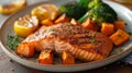 A well-plated dish featuring succulent grilled salmon accompanied by roasted sweet potatoes and steamed broccoli