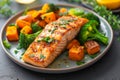 A well-plated dish featuring succulent grilled salmon accompanied by roasted sweet potatoes and steamed broccoli