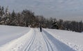 Well prepared cross ski country skiing track with skier on winter Beskydy mountains in Czech republic Royalty Free Stock Photo