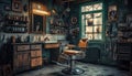 Vintage barber shop interior with a classic chair and rustic furnishings during daylight