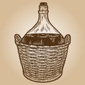 Well protected wine bottle in basket. Engraving vector illustration.