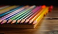 Well-sharpened set of bright pencils on the wooden table. Close up. Black backdrop. Generative AI Royalty Free Stock Photo