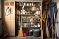 a well-stocked cleaning supply closet with mops, brooms, and dusters