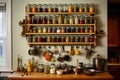 a well-stocked spice rack in a kitchen