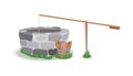 Well tree bucket water stone grass vector.