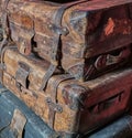 Close Up Detail of Three Well Travelled Old Victorian Suitcases Royalty Free Stock Photo