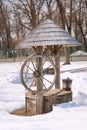 Wooden well in the National Village Museum named after Dimitrie Gusti. March, Bucharest, Romania