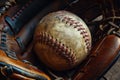 Well-worn Baseball glove with playing ball. Generate ai