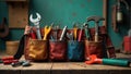 A well-worn leather tool pouch brimming with essential hand tools for various projects. Generative AI Royalty Free Stock Photo