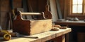 A well-worn wooden toolbox rests on a rustic workbench bathed in sunlight, surrounded by carpentry tools and the scent of sawdust Royalty Free Stock Photo
