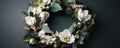 A wellbalanced medley of soft petals and lush greenery handcrafted into a delicate wreath.. AI generation Royalty Free Stock Photo