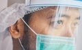Face of Doctor having tired from work while wearing PPE suit for protect coronavirus disease. Royalty Free Stock Photo