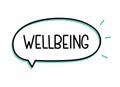 Wellbeing inscription. Handwritten lettering illustration. Black vector text in speech bubble. Simple outline marker