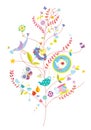 Wellbeing Tree with Birds and Cute Elements