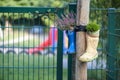 Wellington boots on the garden fence