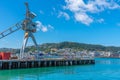 WELLINGTON, NEW ZEALAND, FEBRUARY 9, 2020: Platform for scenic helicopter flights at waterfront of Wellington, New Zealand