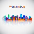 Wellington skyline silhouette in colorful geometric style.