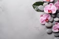 Wellness background with large space for text, Stones and orchid blossoms on light grey background, AI generated Royalty Free Stock Photo