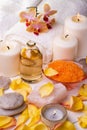 Spa still life, rose petals with bath salts and perfumed essences Royalty Free Stock Photo