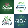 Wellness Center Vector Logo Set. Green Leaves Illustration. Brand Lettering.