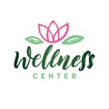 Wellness Center Vector Logo. Stroke Pink Water Lilly Flower Illustration. Brand Lettering