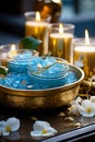 A wellness concept with candles, jars of blue sugar scrub, and white flowers, creating a vibrant visual for relaxation and self-