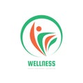 Wellness - concept logo template vector illustration. Abstract human character with wing creative sign. Nature leaves in circle. Royalty Free Stock Photo