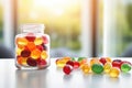 Wellness encapsulated: Gummy supplements and chewable vitamins elegantly displayed in a glass jar, a daily dose of