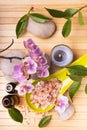 Wellness environment with essential oils, orchid and bath salts Royalty Free Stock Photo