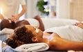 Wellness, facial and massage for couple in spa for relaxation, stress relief and wellbeing. Beauty, skincare and black