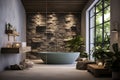 a wellness-focused bathroom with a spa-like atmosphere, using calming colors and natural textures 4k photo realistic