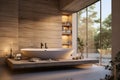 a wellness-focused bathroom with a spa-like atmosphere, using calming colors and natural textures 4k photo realistic