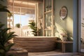 a wellness-focused bathroom with a spa-like atmosphere, using calming colors and natural textures 4k photo realistic