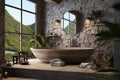 a wellness-focused bathroom with a spa-like atmosphere, using calming colors and natural textures 4k photo realistic