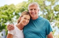 Wellness, health and elderly couple bonding on outdoor morning walk in nature, happy and relax. Love, exercise and Royalty Free Stock Photo
