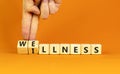 Wellness or illness symbol. Concept words Wellness and Illness on wooden cubes. Doctor hand. Beautiful orange table orange