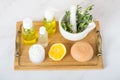 Spa lemon face cream and lemon oil, soap and cream on white table Royalty Free Stock Photo