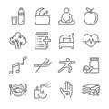 Wellness life line icon set. Included the icons as water, spa, good sleep, exercise, mental health and more. Royalty Free Stock Photo