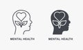 Wellness, Mental Health Silhouette and Line Icon Set. Human Brain with Flower Sign. Psychological Therapy, Healthy Mind