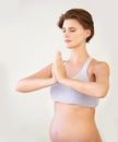 Wellness, pregnant and woman with meditation, yoga and exercise with health, home and workout goal. Lounge, female